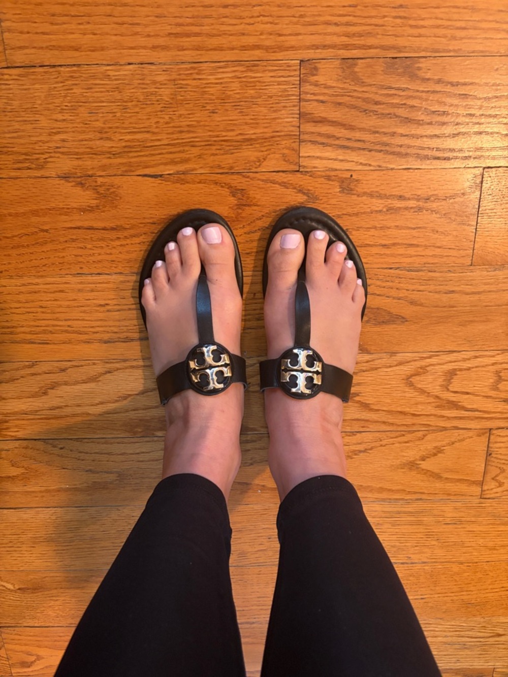 Tory Burch Black Leather Logo Thong Sandals with Gold Medallions - Picture 4 of 5